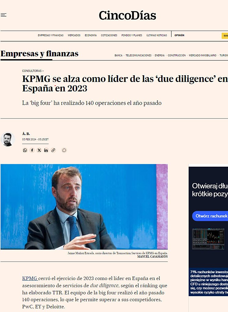 KPMG se alza como lder de las due diligence en Espaa en 2023